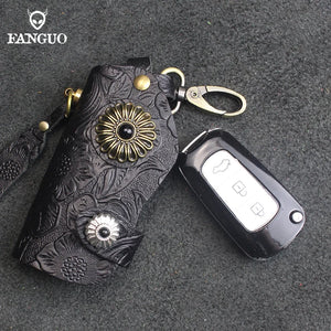 Cowhide Car Key Holder Leather Men Women Housekeeper Pouch Case Bag