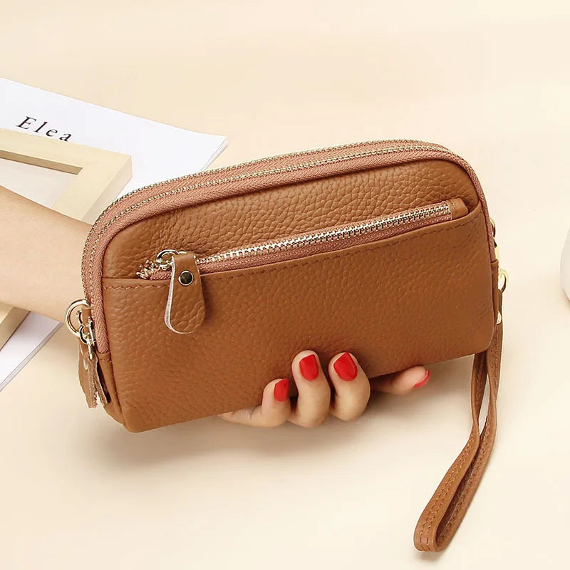 Cowhide Ladies Clutch Bag Large Capacity Zipper Phone Purse Leather Long Wallet