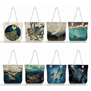 Japanese Ukiyoe Crane Beach Tote Bag Linen Women Handbags