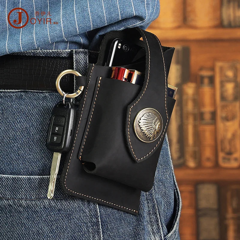 Crazy Horse Leather Men's Phone Waist Bag Outdoor Sports Retro Tactical Bag