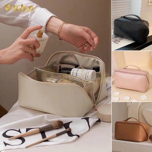 Cream Leather Makeup Bag Ladies Women Pillow Bags PU Cosmetic Large Travel B