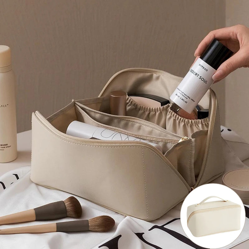 Cream Leather Makeup Bag Ladies Women Pillow Bags PU Cosmetic Large Travel B