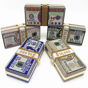 Rhinestone Cash Clutch 10000 Dollars Stack Evening Handbag