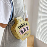 Fun Embroidery Letters Chain Purses Handbags Tequila Wine Bottle Shoulder Bags