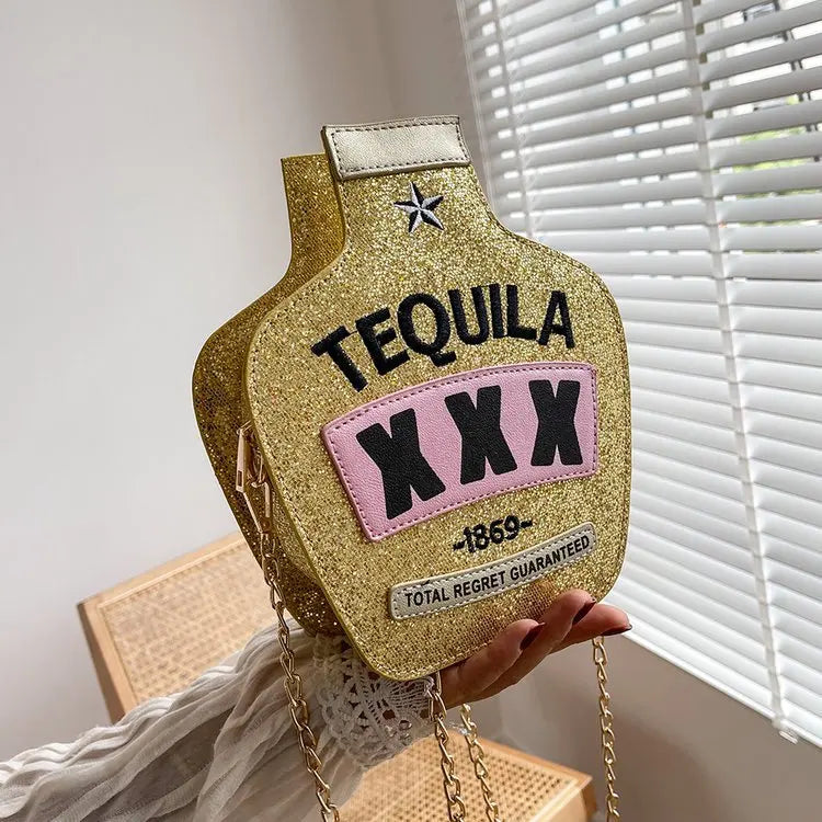 Fun Embroidery Letters Chain Purses Handbags Tequila Wine Bottle Shoulder Bags