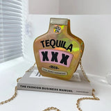 Fun Embroidery Letters Chain Purses Handbags Tequila Wine Bottle Shoulder Bags