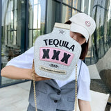 Fun Embroidery Letters Chain Purses Handbags Tequila Wine Bottle Shoulder Bags