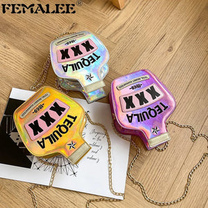 Fun Embroidery Letters Chain Purses Handbags Tequila Wine Bottle Shoulder Bags