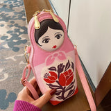 Matryoshka Print Crossbody Bag Women PU Leather Shoulder Bag