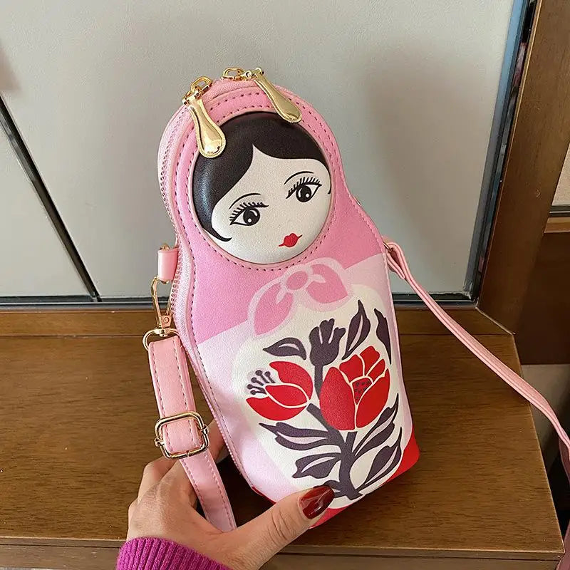 Matryoshka Print Crossbody Bag - PU Leather Shoulder Bag