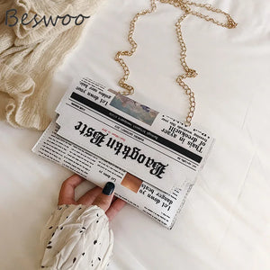 Newspaper Chain Crossbody Bag For Women Funny Pu Leather Lady Shoulder Messenger