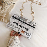 Newspaper Chain Crossbody Bag For Women Funny Pu Leather Lady Shoulder Messenger