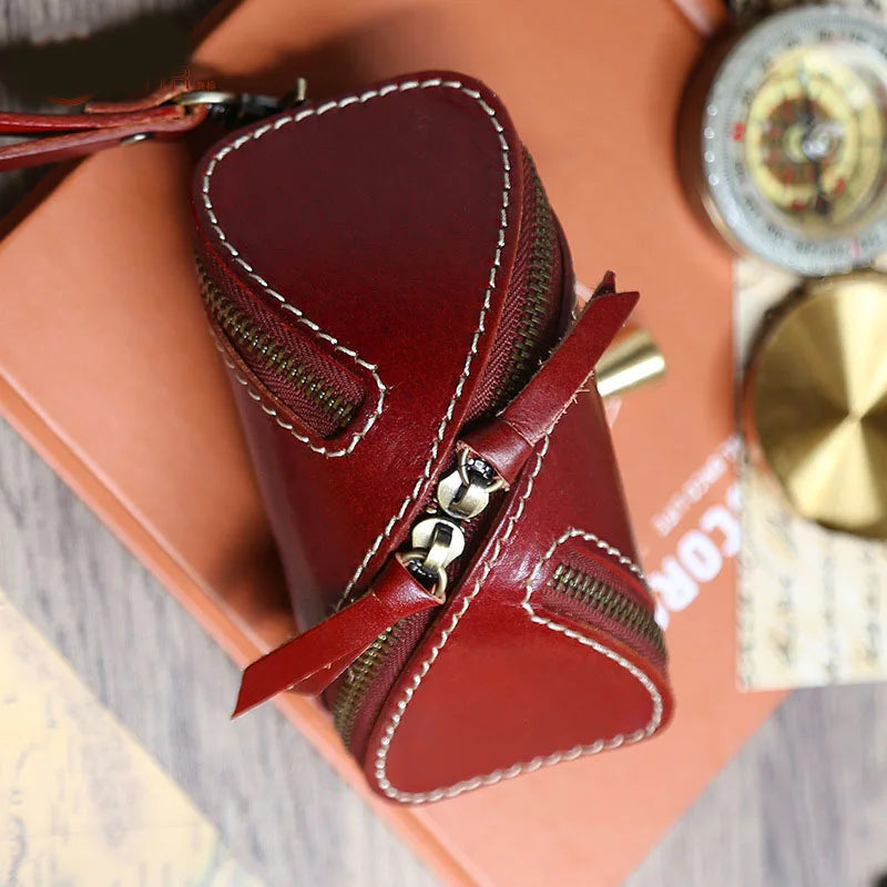 Retro Zipper Car Key Case Leather Mini Purse Keychain