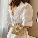 Straw Sunflower Drawstring Messenger Bag Crossbody