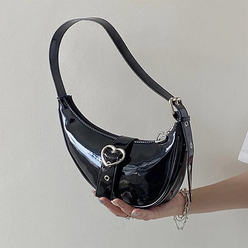 Crescent Moon Women's Underarm Bag Patent Leather Love Heart Shoulder Bags