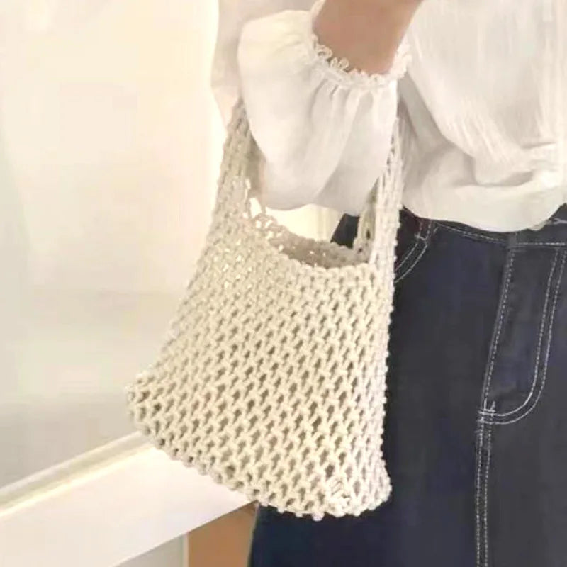 Crochet Hand Knit Bag Macaron Cotton Rope Hollow Out Handbag