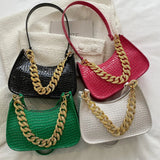 Crocodile 2 Straps Women Underarm Clutches Bags Black/Green Large Chain Lady Sho