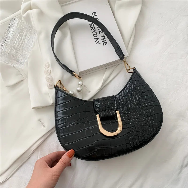 Crocodile Embossed Shoulder Bag for Women PU Leather Semicircle Armpit Bag