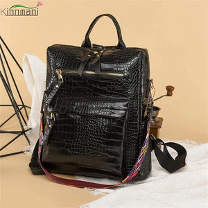 Crocodile Leather Backpack School Bag for Teenager Girl