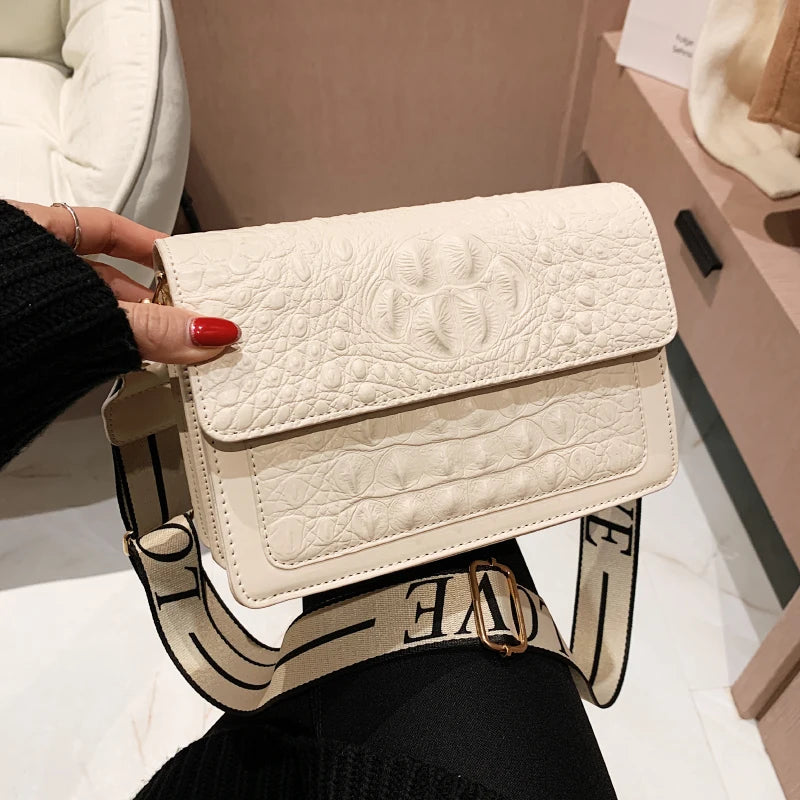 Crocodile Pattern PU Leather Shoulder Bag with Wide Strap