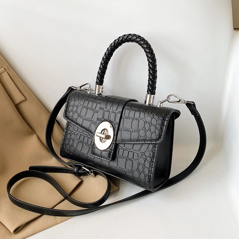 Crocodile Pattern Crossbody Bag with Braided Handle for Women