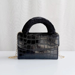 Crocodile Pattern Stone Print PU Crossbody Bag with Fur Handle