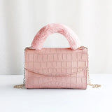 Crocodile Pattern Stone Print PU Crossbody Bag with Fur Handle