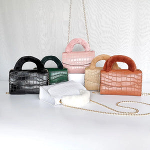 Crocodile Pattern Stone Print PU Crossbody Bag with Fur Handle