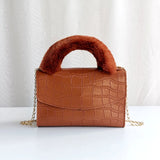 Crocodile Pattern Stone Print PU Crossbody Bag with Fur Handle