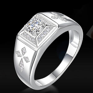 Cross Carving Zircon Ring Men's Silver Wedding Jewelry