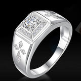 Cross Carving Zircon Ring Men's Silver Wedding Jewelry