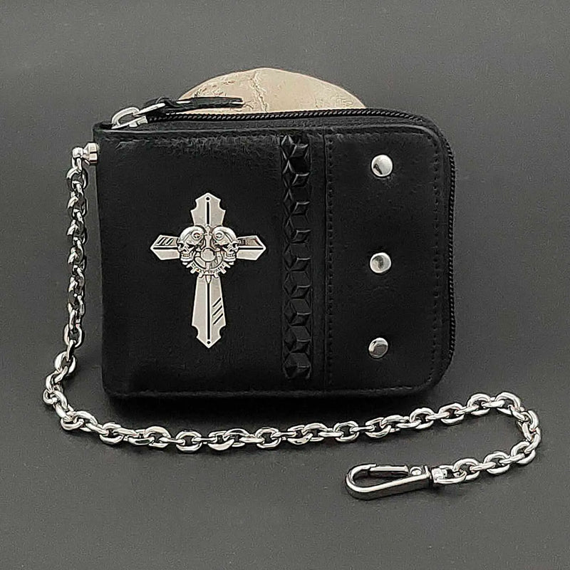 Cross Punk Biker Men's Leather Wallet with Chain