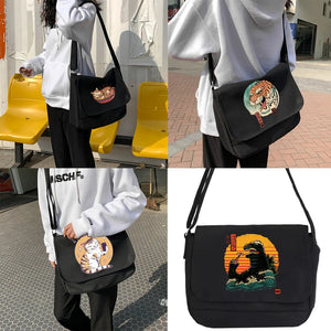 Canvas Crossbody Bag Japan Cat Pattern Messenger Satchel