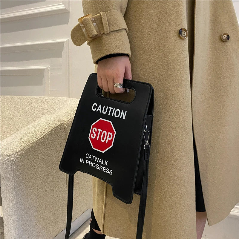 Fluorescence Shoulder Bag Caution Letters Sign Handbag