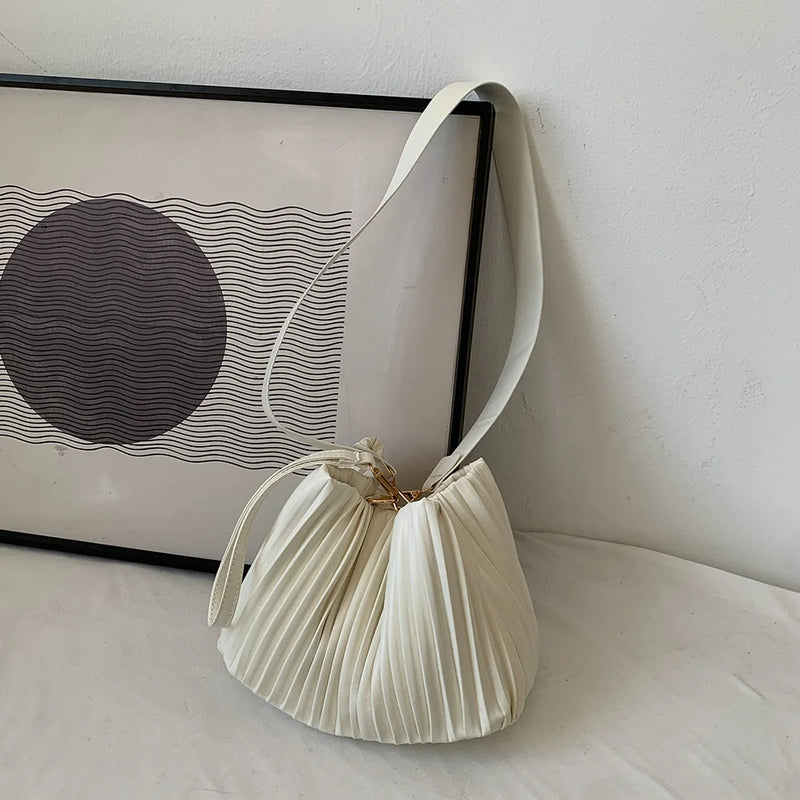 Casual Ladies Crossbody Bag Bucket Shape PU Leather Pleated Zipper Bag