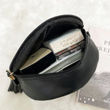 Women's Round Saddle Crossbody Bag Solid Thread Leather Handbag