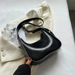 Solid Leather Crossbody Bag Women Satchel Wide Straps Handbag