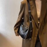 Solid Leather Crossbody Bag Women Satchel Wide Straps Handbag