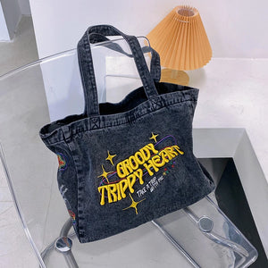 Embroidered Denim Crossbody Bag for Women Casual Shoulder Handbag Tote
