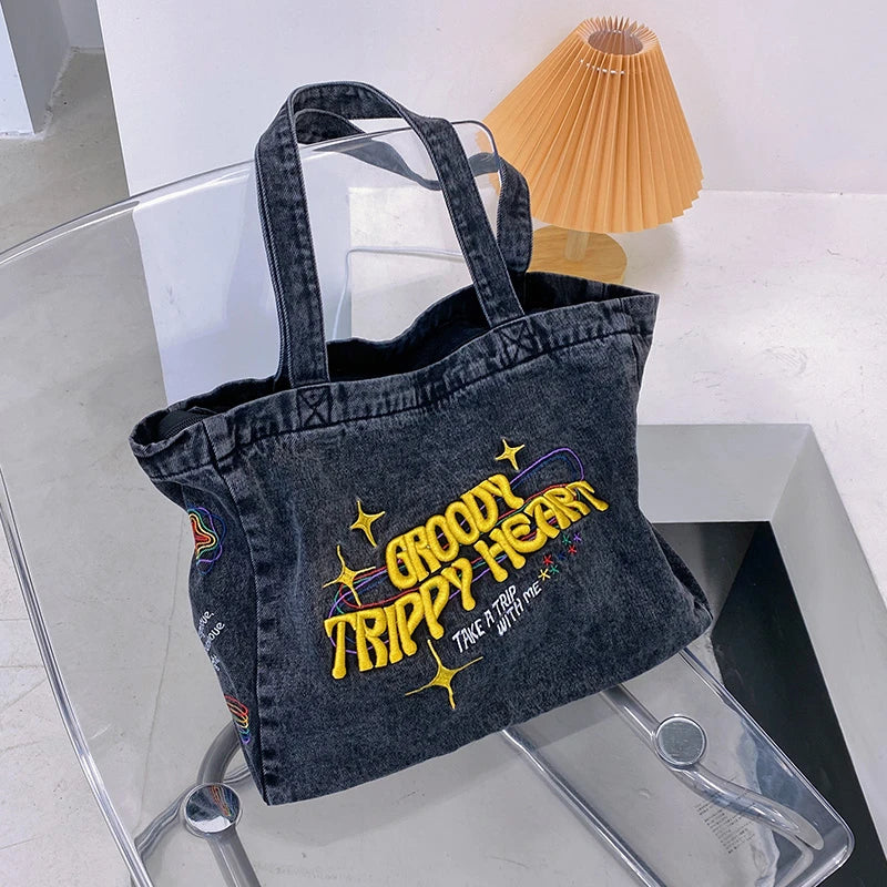 Embroidered Denim Crossbody Bag for Women Casual Shoulder Handbag Tote