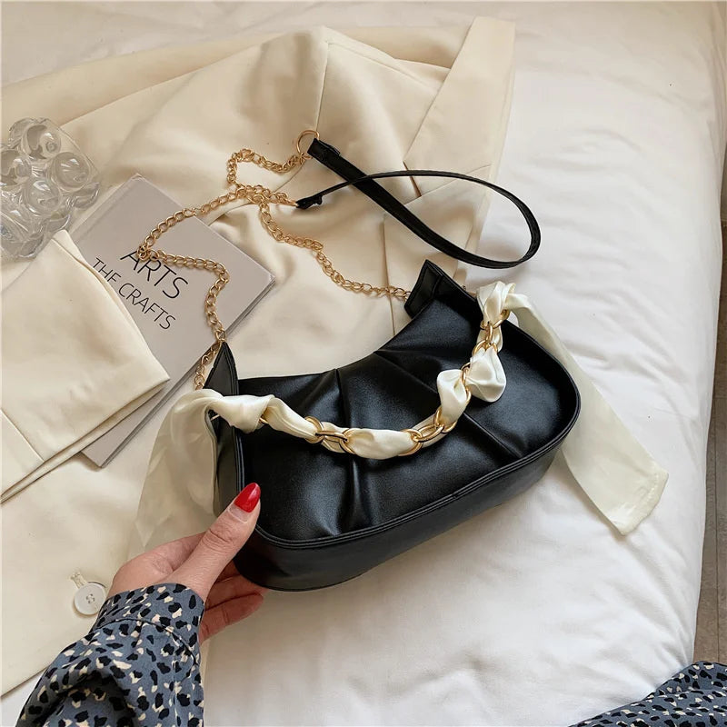 Women's Silk Scarf Chain Cloud Bag Crossbody Messenger Purse