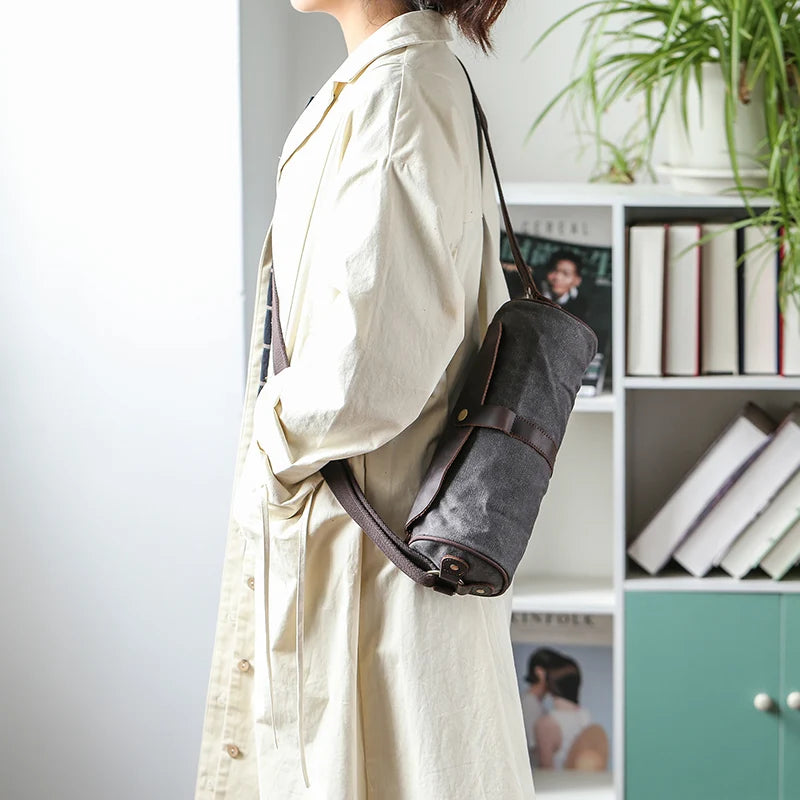 Canvas Leather Crossbody Bucket Bag Retro Shoulder Messenger Purse