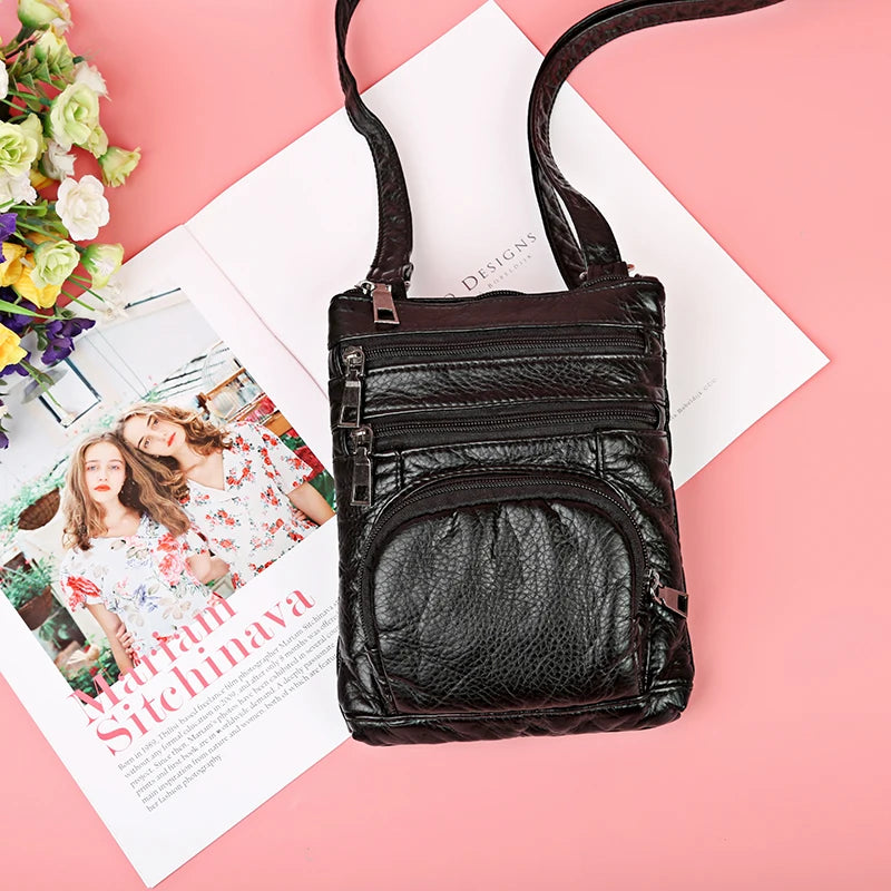 Vintage Crossbody Bag Girls Multi-pocket Shoulder Bags Washed Leather Phone Pack