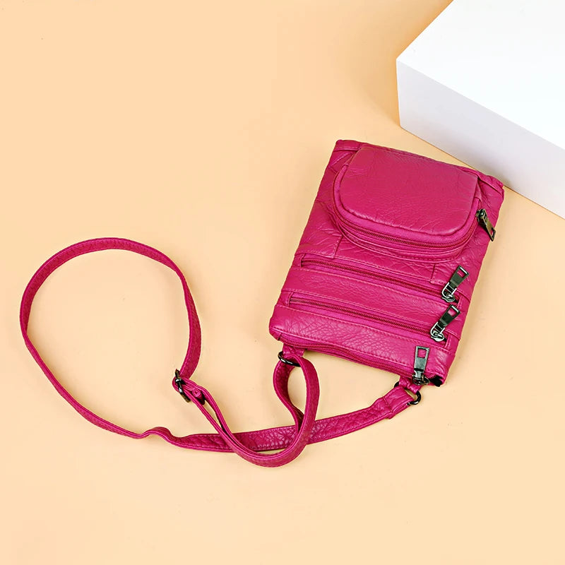 Vintage Crossbody Bag Girls Multi-pocket Shoulder Bags Washed Leather Phone Pack