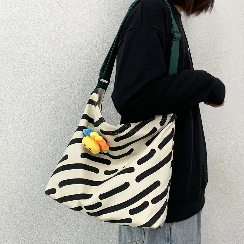 Canvas Crossbody Bag Large Capacity Zipper Line Schoolbag