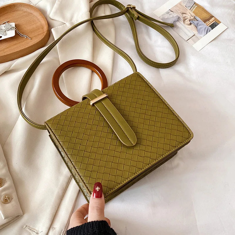 Crossbody Woven Bags Leather Handle Flap Shoulder Messenger Bags