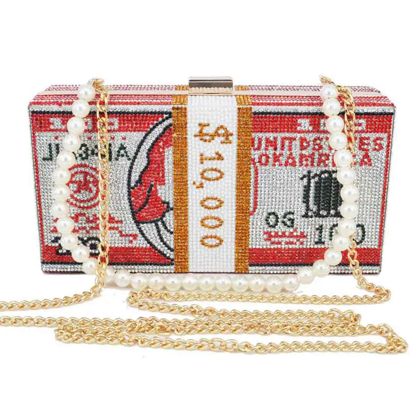 Crystal Box Clutches Pink Dollar Money Party Purse Shoulder Bags for Ladies