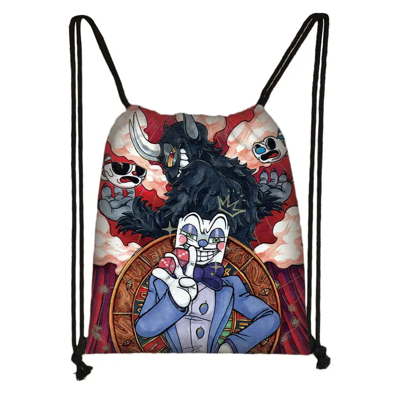 Cuphead Game Mugman Cartoon Drawstring Bag Backpack Daily Casual Boys Girls