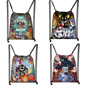 Cuphead Game Mugman Cartoon Drawstring Bag Backpack Daily Casual Boys Girls