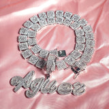 Cursive Iced Out Letter Name Pendant Necklace with Rhinestone Zirconia Chain